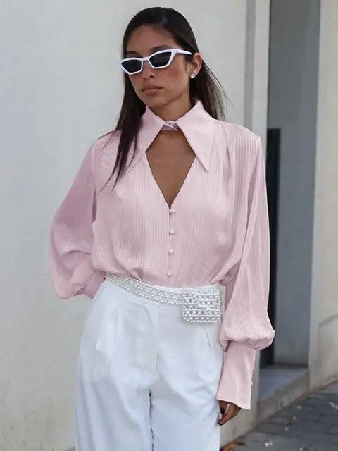 Jyate Fashion Woman Blouses 2024 Elegant Lapel Long Sleeve Office Lady Shirts Casual Loose White Pockets Tops Female Clothing