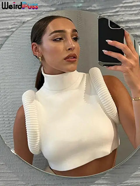 Weird Puss Feather Spliced Women Crop Tops Sleeveless Turtleneck Sexy Basic Vest Summer Hipsters High Street Y2K Rave Partywear