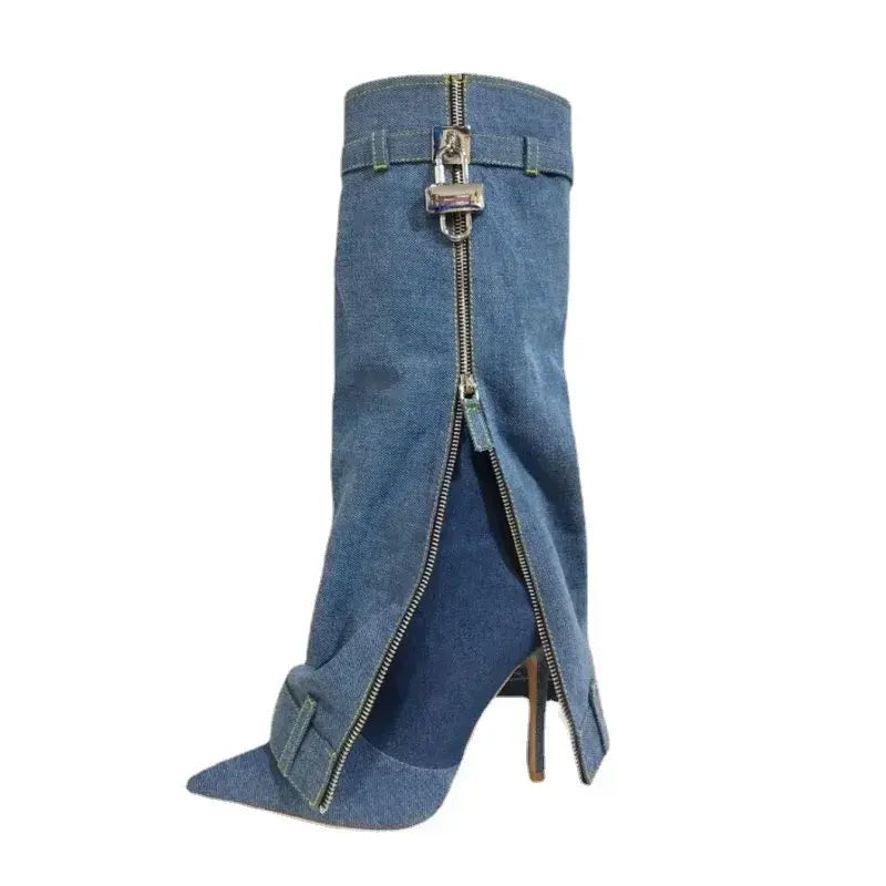 2024 New Fashion Metal Buttons Pants Denim Knee Boots for Women Spring Street Style Thin High Heels Footwear Big Size Shoes 43