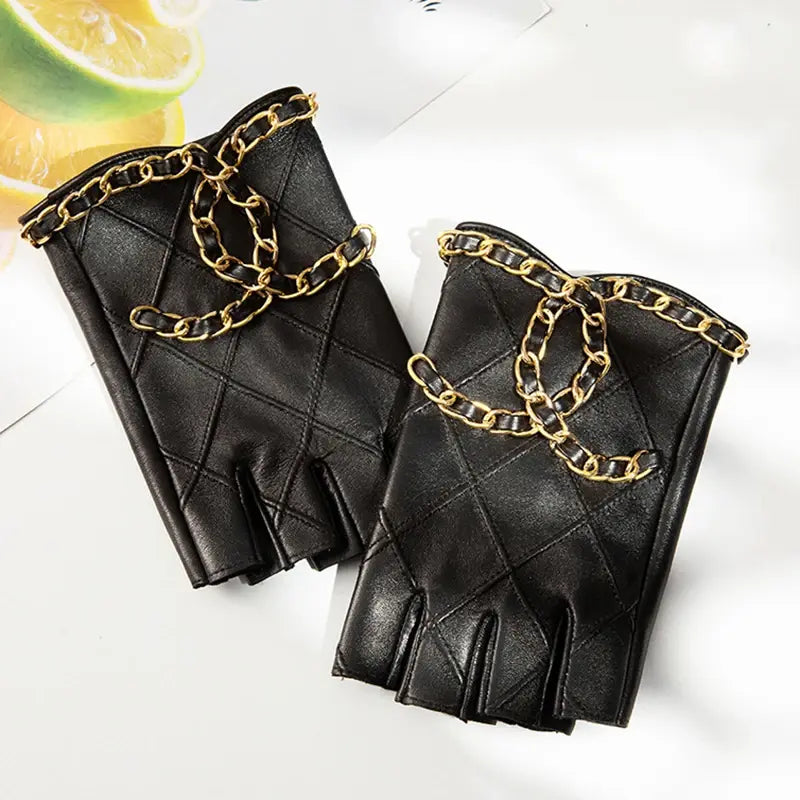 Womens Genuine Sheepskin Leather Fingerless Half-Finger Punk Driving Motorcycle Dress Gloves