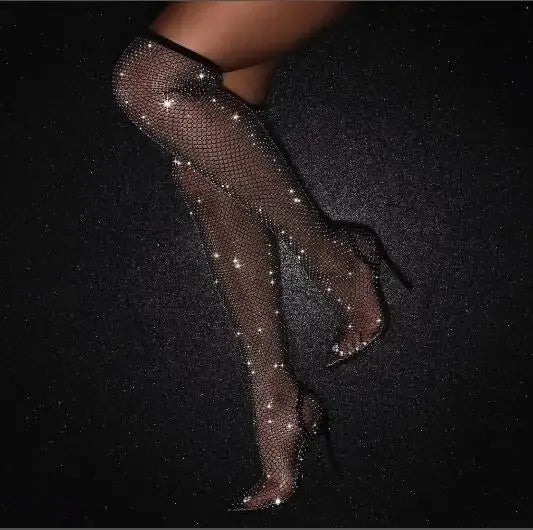 Hot Woman Black Bling Bling PVC Clear Sequins Diamond Fishnet Cuts Out Pointed Toe Heel-Strap Over The Knee Thigh Socks Boots