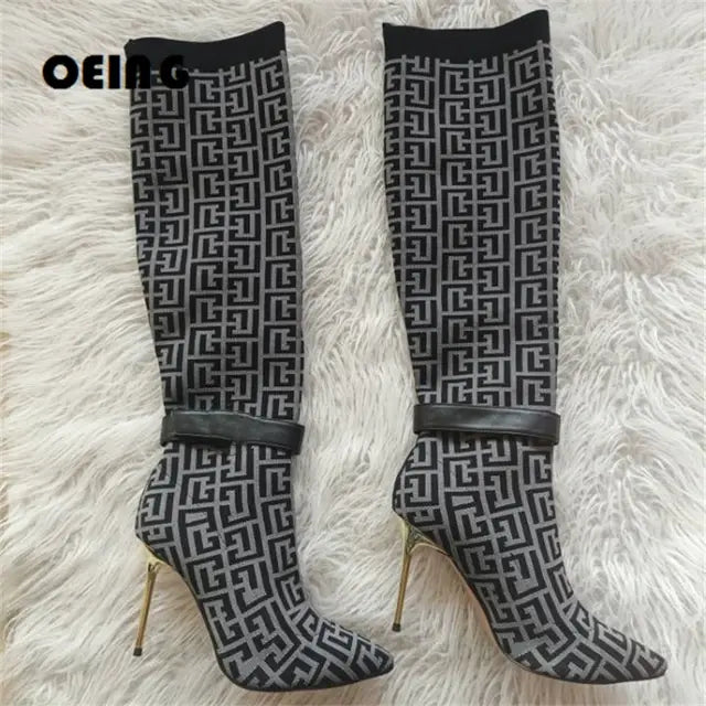 Women Stretch Sock Boots Fashion Monogram Knitting Boots Sexy Pointed Toe Golden Heels Thigh High Botas Fall Winter Shoes Woman